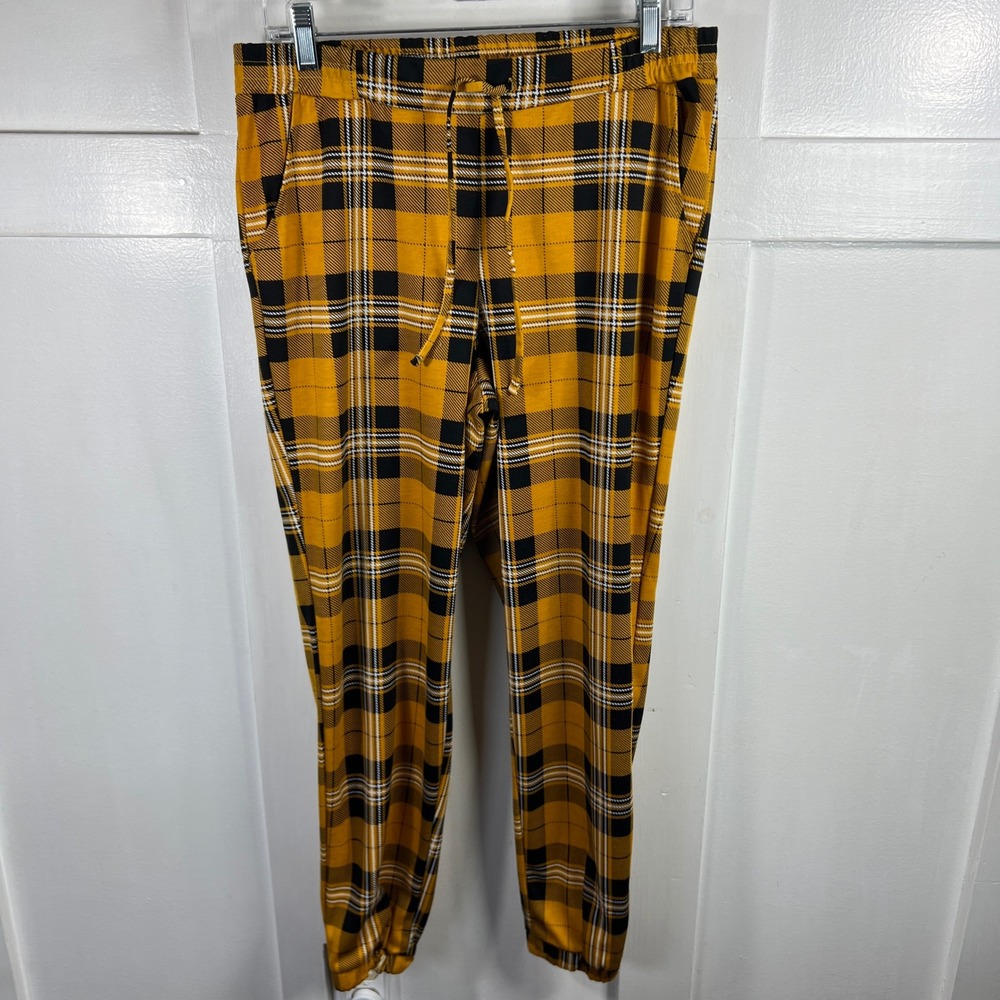 Jolie & Joy Mustard Yellow Plaid Jogger Pants Large J5D5261C Drawstring Tapered